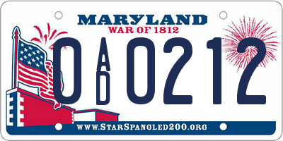 MD license plate 0AD0212