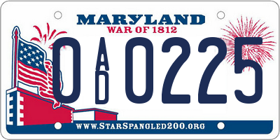 MD license plate 0AD0225
