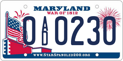 MD license plate 0AD0230
