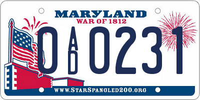 MD license plate 0AD0231