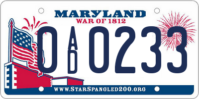 MD license plate 0AD0233