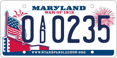 MD license plate 0AD0235