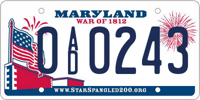 MD license plate 0AD0243