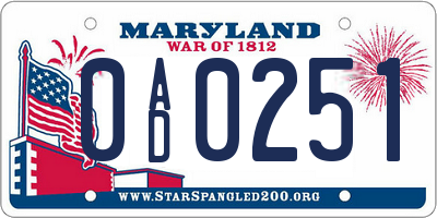 MD license plate 0AD0251