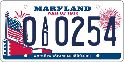 MD license plate 0AD0254
