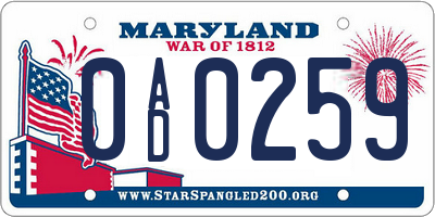 MD license plate 0AD0259