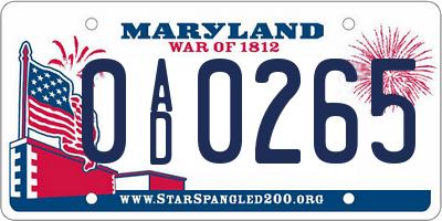 MD license plate 0AD0265