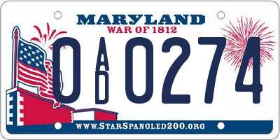 MD license plate 0AD0274