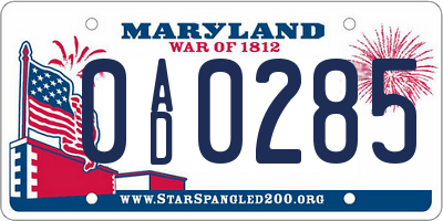 MD license plate 0AD0285