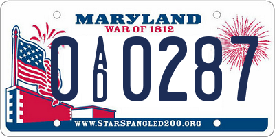 MD license plate 0AD0287