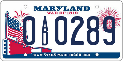 MD license plate 0AD0289