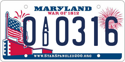 MD license plate 0AD0316