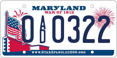 MD license plate 0AD0322