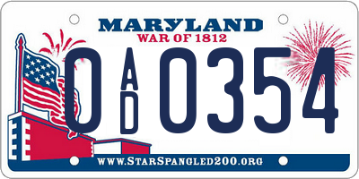 MD license plate 0AD0354