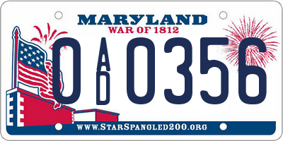 MD license plate 0AD0356