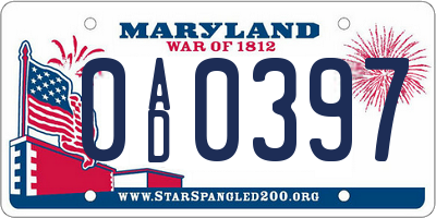 MD license plate 0AD0397