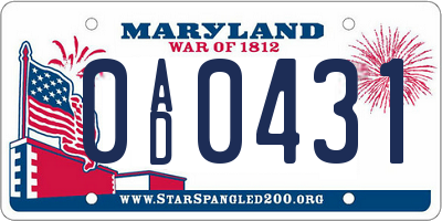 MD license plate 0AD0431