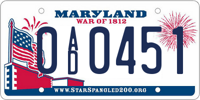 MD license plate 0AD0451