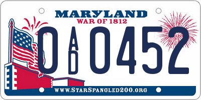 MD license plate 0AD0452