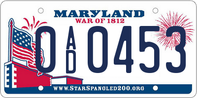 MD license plate 0AD0453