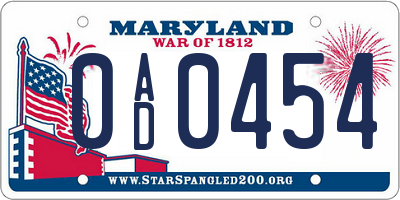MD license plate 0AD0454
