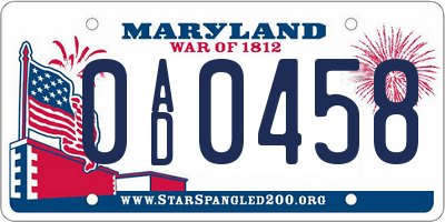 MD license plate 0AD0458