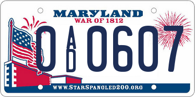 MD license plate 0AD0607