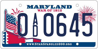 MD license plate 0AD0645