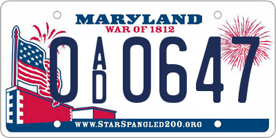 MD license plate 0AD0647