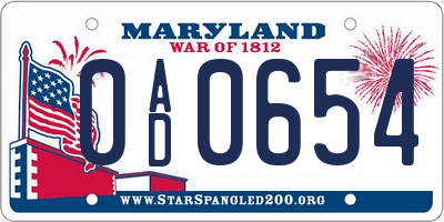 MD license plate 0AD0654