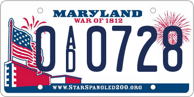 MD license plate 0AD0728