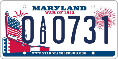 MD license plate 0AD0731
