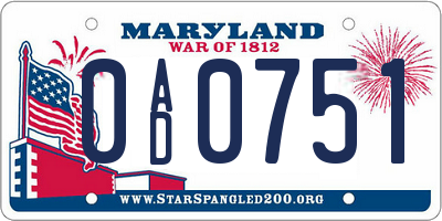 MD license plate 0AD0751