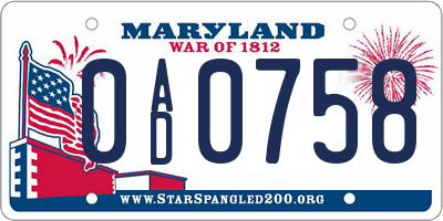 MD license plate 0AD0758