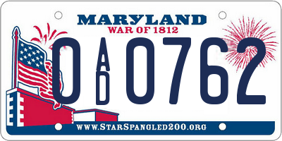 MD license plate 0AD0762