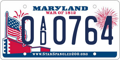 MD license plate 0AD0764