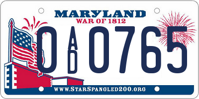 MD license plate 0AD0765