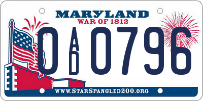MD license plate 0AD0796
