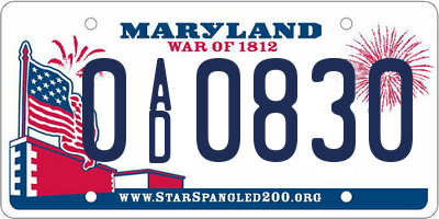 MD license plate 0AD0830