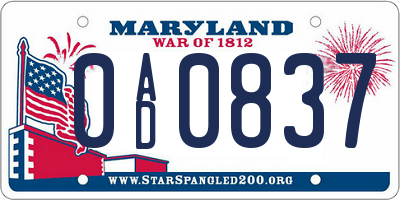 MD license plate 0AD0837