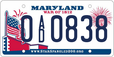 MD license plate 0AD0838