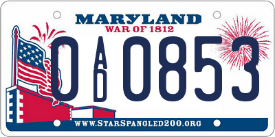 MD license plate 0AD0853