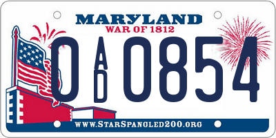 MD license plate 0AD0854