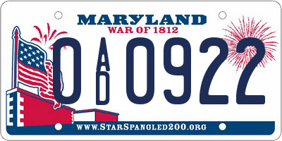 MD license plate 0AD0922