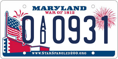 MD license plate 0AD0931