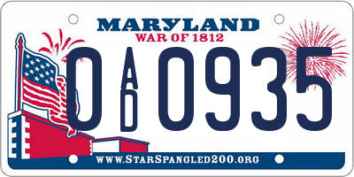 MD license plate 0AD0935