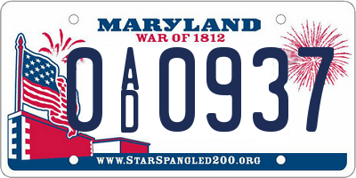 MD license plate 0AD0937