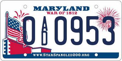 MD license plate 0AD0953