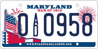 MD license plate 0AD0958