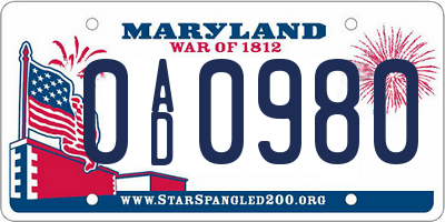 MD license plate 0AD0980